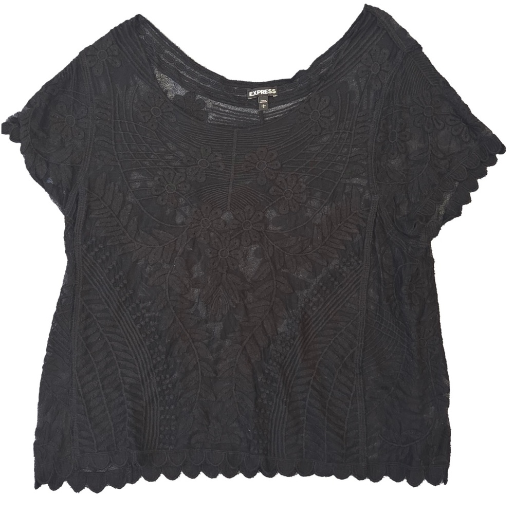 Women's Black Express Lace Scalloped Shirt Top Cropped Short Sleeve Size L